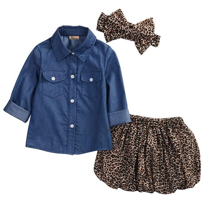 Toddler Kids Baby Girls Clothes Set Summer Children Clothing Girl Costume Denim T-shirt Leopard Skirt Outfits 3pcs