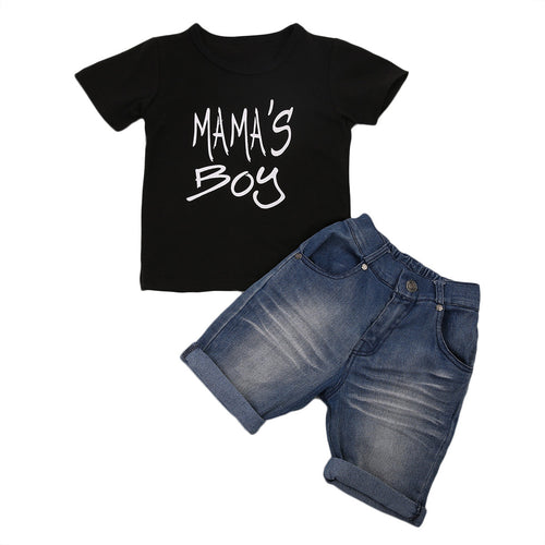 Toddler Fashion Kids Baby Boys Clothes Set Children Clothing Boy Summer Black T-Shirt Top Tee Denim Short Pants Outfits 2PCs