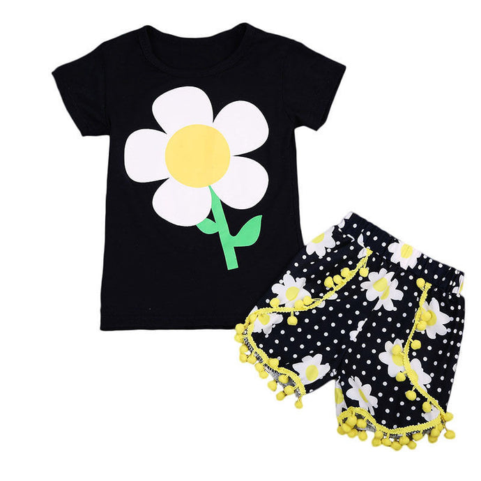 Toddles Kids Girls Clothes Set Sunflower Black Short Sleeve T-shirt Shorts Pants 2pcs Set Outfits Children Clothing 1-6Years