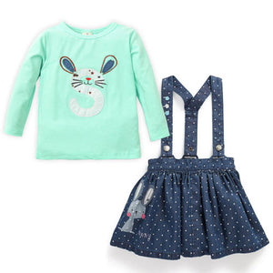 Baby Girls Clothes Set Kids Cute Easter Rabbit Tops Dot Denim Overalls Dresses Skirts Children Clothing Long Sleeve Outfits 2PC